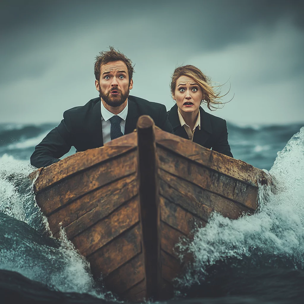 photo of a businessman and businesswoman in a wooden boat in a turbulent ocean